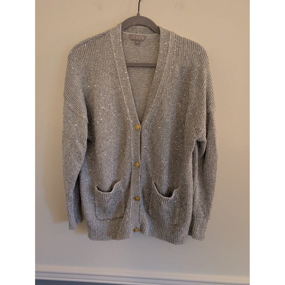 J.Crew Gray Sequin V-Neck Cardigan Sweater Gold Crest Buttons Medium festive